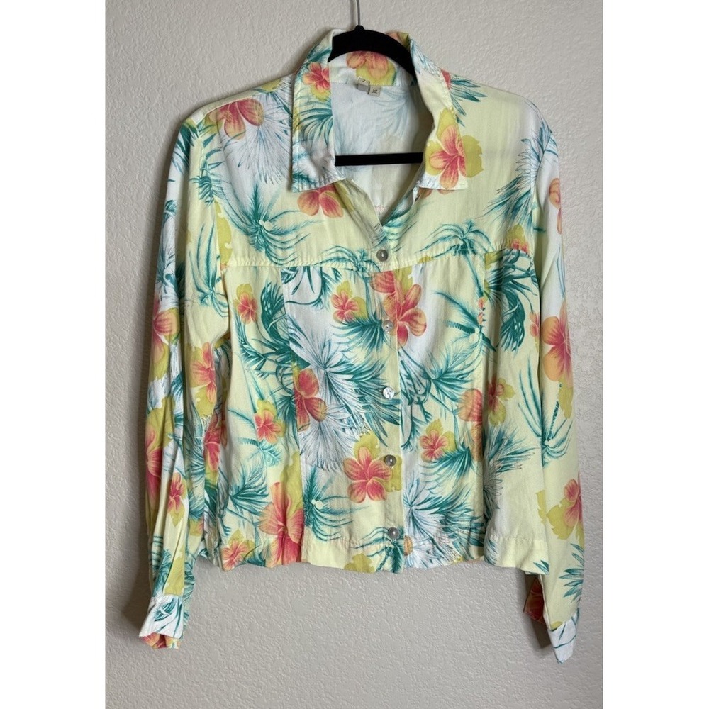 By J.J. Womens XL Jacket Yellow Tropical Floral Palm Print Tencel Button Front
